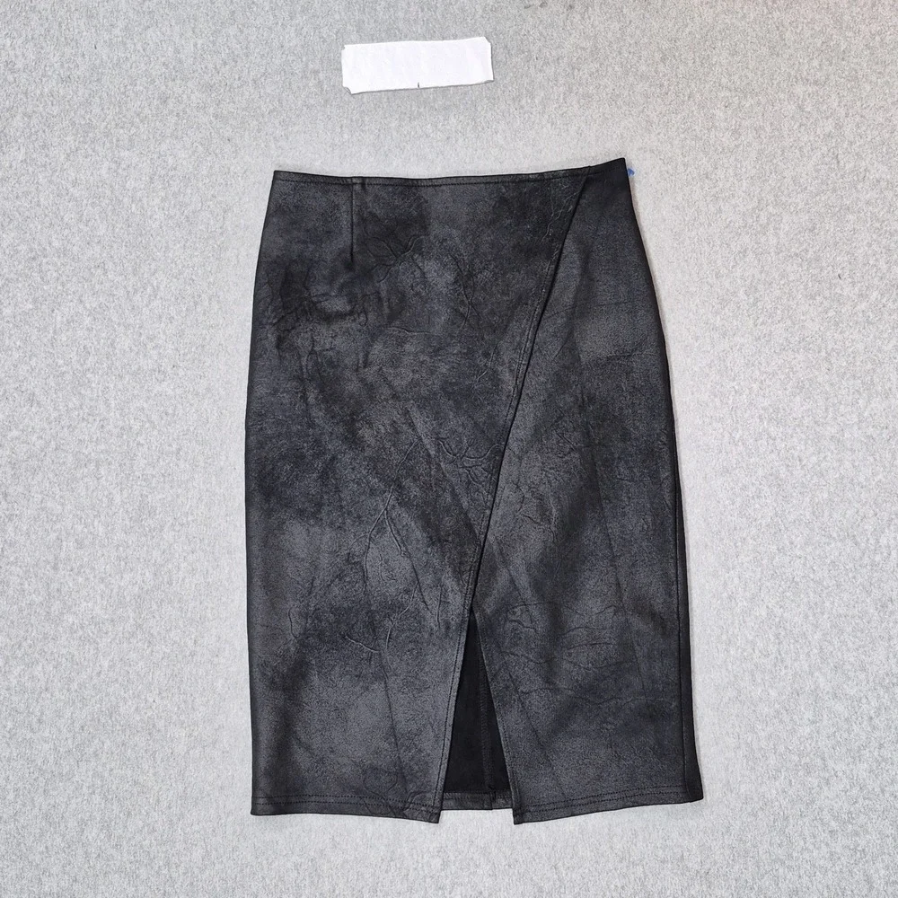 Free People Women Skirt S Black Whitney Vegan Pencil Faux Suede Leather Wrap